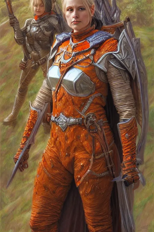 Prompt: full - body portrait of a ranger, female, white and orange breastplate, magical, high fantasy, d & d, by donato giancola, face details, extremely detailed, digital illustration