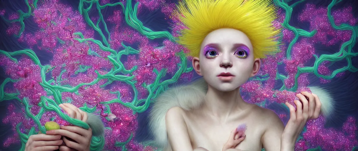 Image similar to hyper detailed 3d render like a Oil painting - kawaii portrait Aurora (white haired Singer Ferret) seen Eating of the Strangling network of yellowcake aerochrome and milky Fruit and Her delicate Hands hold of gossamer polyp blossoms bring iridescent fungal flowers whose spores black the foolish stars by Jacek Yerka, Mariusz Lewandowski, Houdini algorithmic generative render, Abstract brush strokes, Masterpiece, Edward Hopper and James Gilleard, Zdzislaw Beksinski, Mark Ryden, Wolfgang Lettl, hints of Yayoi Kasuma, octane render, 8k