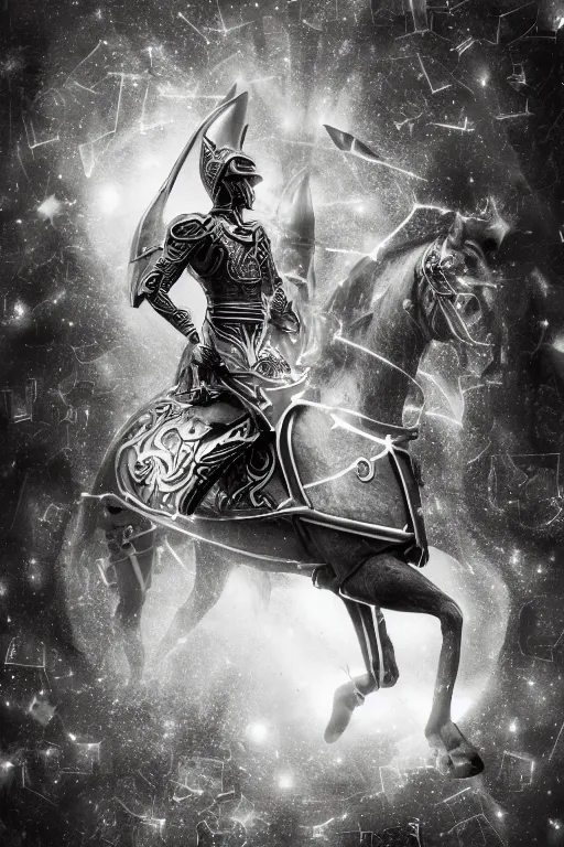 Image similar to self - transforming machine elf riding horse and holding chalice in the style of nordic noir television, dmt fractal tiling across the background, double exposure film, black and white kodak portra, knight of cups, vintage etteilla tarot