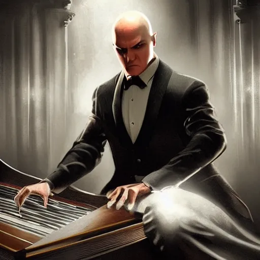 Prompt: agent 4 7 from hitman wearing headphones while playing a piano, digital art, dark fantasy, concept art
