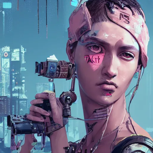 Image similar to highly detailed portrait of a post-cyberpunk south african young lady by Akihiko Yoshida, Greg Tocchini, 4k resolution, mad max inspired, pastel pink, light blue, brown, white and black color scheme with south african symbols and graffiti