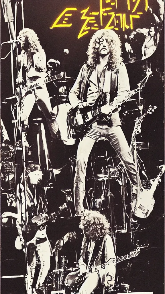 Image similar to Led Zeppelin concert poster circa 1974, Madison Square Garden, colorized, Robert plant, Jimmy Page, guitars, drum kit