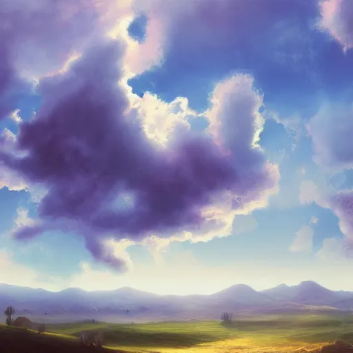 Image similar to peaceful puffy clouds, matte painting, concept art, 4k