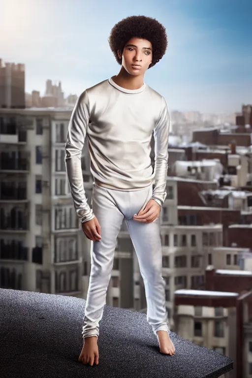 Image similar to un ultra high definition studio quality photographic art portrait of a young man standing on the rooftop of a british apartment building wearing soft padded silver pearlescent clothing. three point light. extremely detailed. golden ratio, ray tracing, volumetric light, shallow depth of field. set dressed.