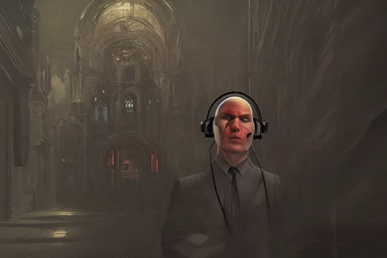 Image similar to an expressive portrait of agent 4 7 wearing headphones in a monastery, dark background, red rim light, digital art, artstation, concept art by giger stalenhag