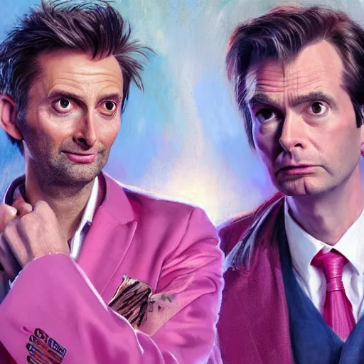 Prompt: david tennant and donald trump in pink clothes with the tenth doctor who, highly detailed, artstation, concept art, fantasy, smooth, sharp focus, illustration, perfect face, art by nikolay makovsky, jacek malczewski, arthur hughes, edward okun, franz xaver winterhalter