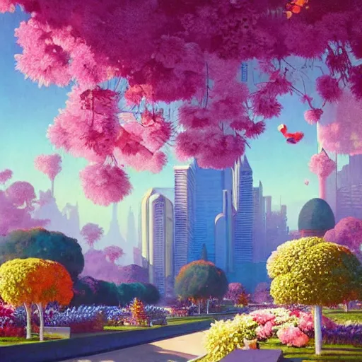 Prompt: a painting of an art - deco cityscape surrounded by flowers, a watercolor and matte painting by beeple and rhads and maxfield parrish, cgsociety, artdeco, utopia art, sci - fi, artstation hq