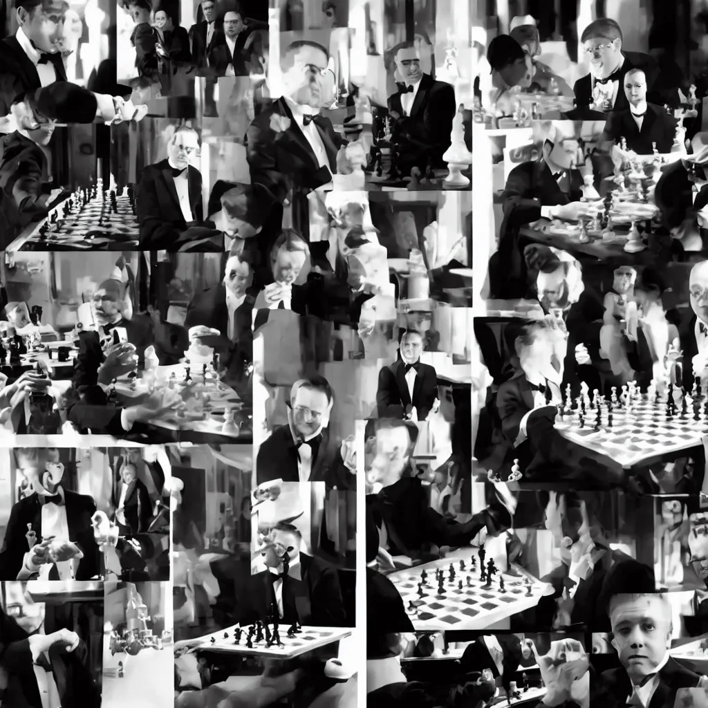 Prompt: Adam Aaron CEO of AMC playing Chess against Evil Shadow Creatures wearing tuxedos. Photocollage.