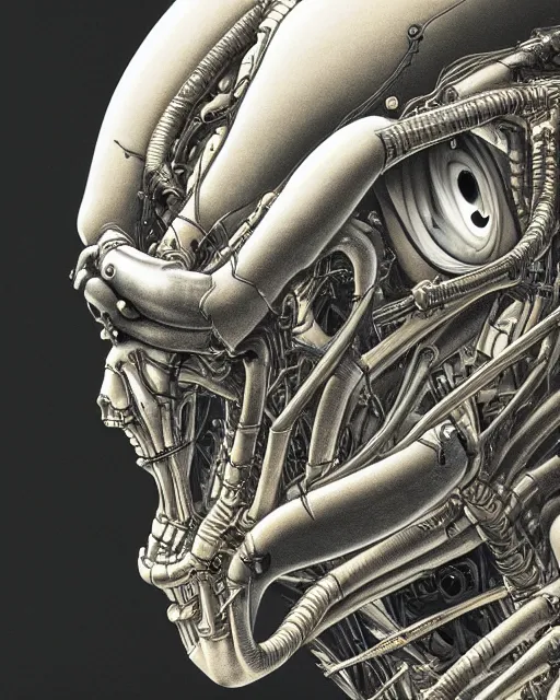 Image similar to Engineer from Prometheus by Yoshitaka Amano, by HR Giger, biomechanical, profile portrait, 4k, wide ayes, hyper detailed, hyperrealism, anime