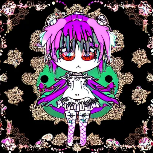 Image similar to baroque bedazzled gothic royalty frames surrounding a pixelsort emo demonic horrorcore japanese beautiful jester decora moe doll, low quality sharpened graphics, remastered chromatic aberration, detailed maximalist sanrio art