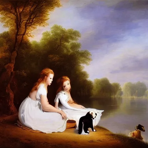 Image similar to two beautiful girls wearing white dresses beautiful faces a dog john martin landscape lake evening