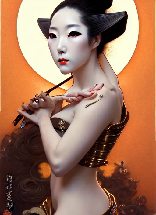 Image similar to Japanese geisha, glamorous moon, seductive eyes and face, elegant, lascivious pose, very detailed face, studio lighting, photorealism, wearing futuristic armor , portrait by Magali Villeneuve and Steve Argyle,Livia Prima,Mucha,dress,fantasy art,beautiful,artstation,trending on artstation,intricate details,alluring,masterpiece
