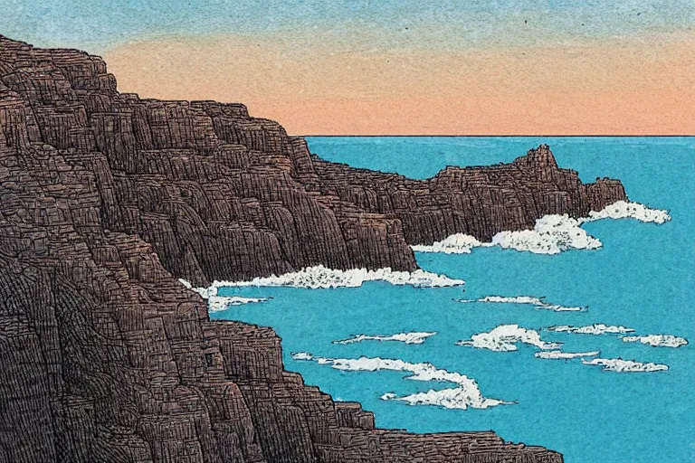 Image similar to seaside cliffs in the style of Moebius