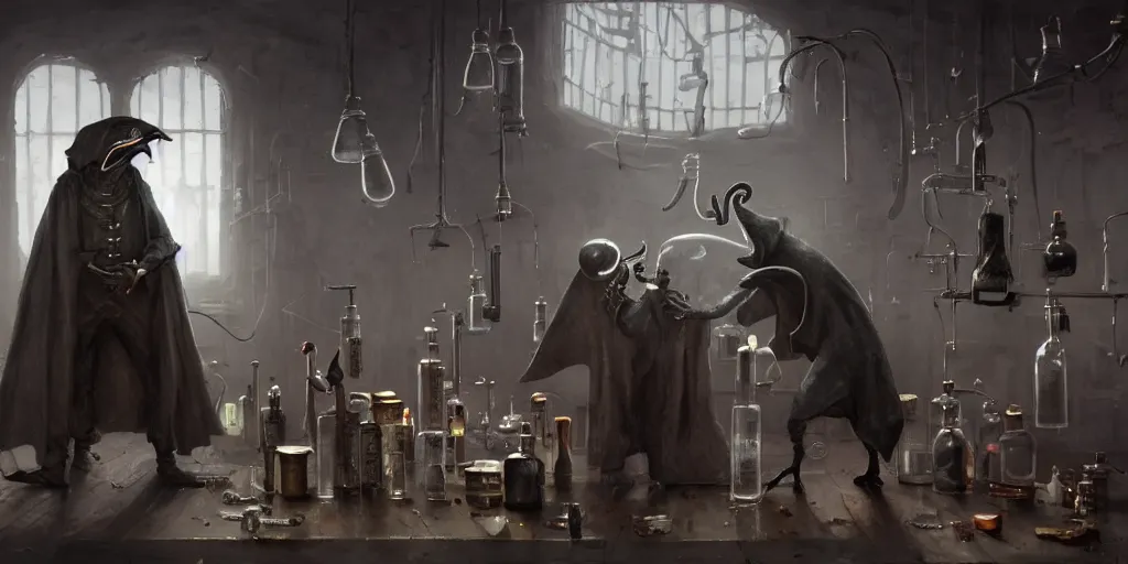 Image similar to a plague doctor and a humanoid rat in a laboratory with lots of flasks filled with magic liquids and poisonous fog, stephen bliss, unreal engine, fantasy art by greg rutkowski, loish, rhads, ferdinand knab, ilya kuvshinov, rossdraws, tom bagshaw, global illumination, radiant soft light, detailed and intricate environment