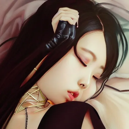 Image similar to realistic detailed semirealism beautiful gorgeous cute Blackpink Lalisa Manoban sleeping, black hair black cat ears, black leather choker, proportional body, WLOP, Aztodio, Taejune Kim, sakimichan, ArtGerm, Pixiv, Instagram, Artstation