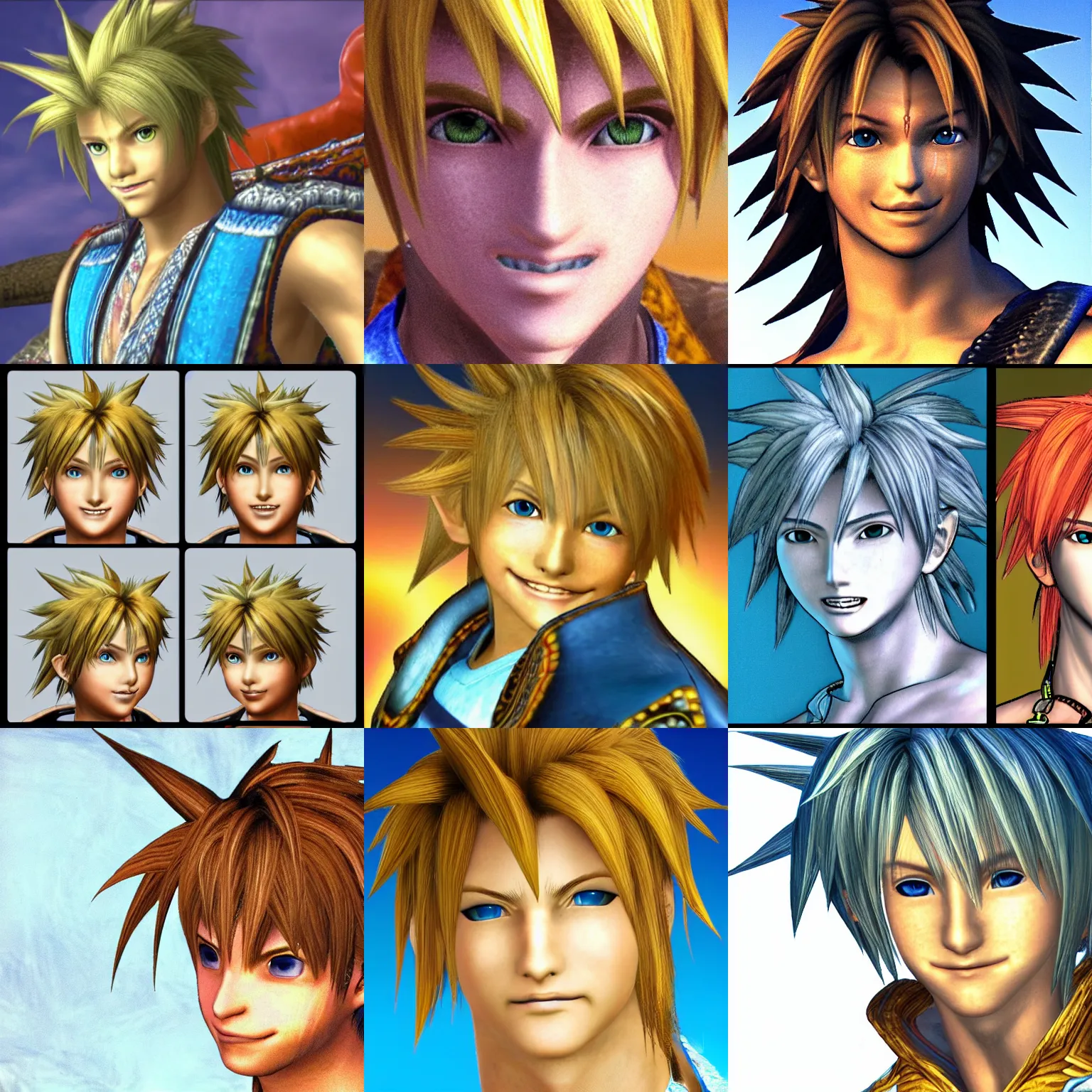 Prompt: distorted smiling tidus from ffx tiny face big hair