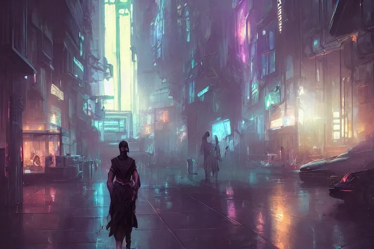 Image similar to Hogwarts cyberpunk city, neon lighting, night city, digital art from artstation by Ruan Jia and Mandy Jurgens and Artgerm and william-adolphe bouguereau and Greg Rutkowski and Wayne Barlowe