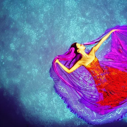 Prompt: woman dancing underwater wearing a flowing dress made of blue, magenta, and yellow translucent lace, elegant coral sea bottom, swirling silver fish, cycles render, caustics lighting from above, cinematic