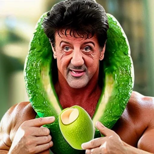 Image similar to silvester stallone dressed in a human size avocado costume, photography, hyperrealistic, extremely detailed, 8 k