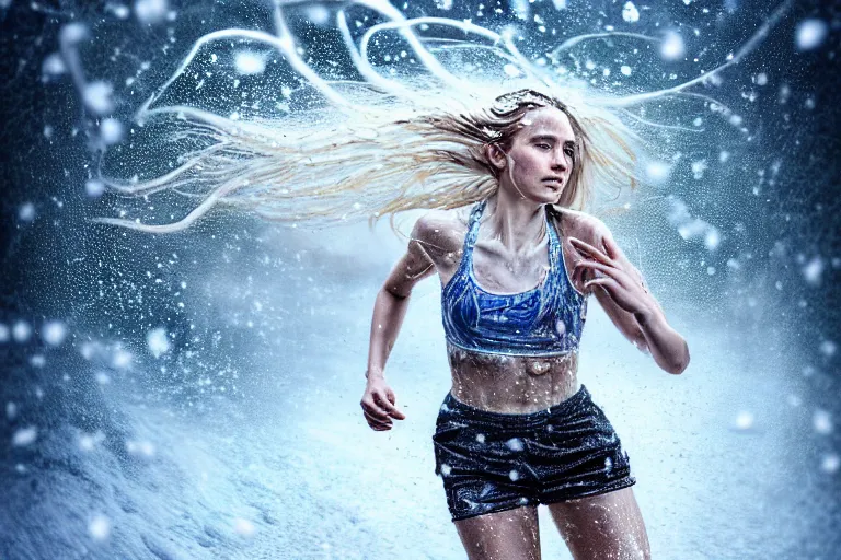 Prompt: highly detailed portrait of a beautiful girl running in snow with wet blonde hair and pale face, swirling wispy tendrils, bright scattered rainbow-colored particles, fantasy, intricate, elegant, dramatic lighting, emotionally evoking symbolic metaphor, highly detailed, lifelike, photorealistic, digital painting, artstation, concept art, smooth, sharp focus, illustration, art by John Collier and Albert Aublet and Krenz Cushart and Artem Demura and Alphonse Mucha