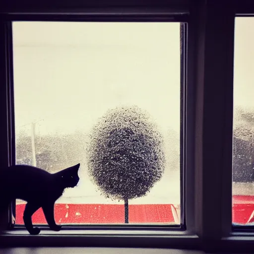 Image similar to two black cats looking through the window, red building and tree in the background, instagram, grainy picture, natural nightning