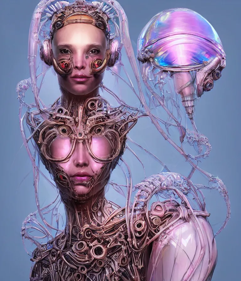 Image similar to fully symmetrical centered iridescent portrait of a beautiful princess in robe. artificial muscles, ribcage, bones, hard surface modelling. cyberpunk look. biomechanical mask. bio luminescent biomechanical halo around head. jellyfish. artwork by jarold Sng by artgerm, by Eddie Mendoza, by Peter mohrbacher by tooth wu, unreal engine, octane render, cinematic light, high details, iridescent colors, dichroic, macro, depth of field, blur