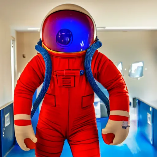 Prompt: a red suit astronaut shaped like a bean with a blue visor 4 k