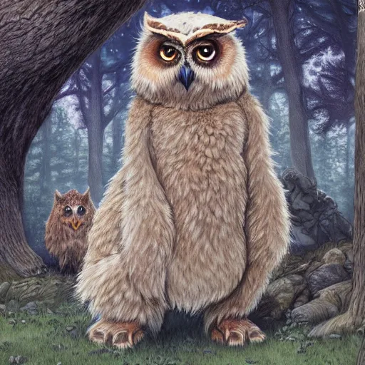 Image similar to three quarter portrait of an owlbear in the forest, d & d, fantasy, magali villeneuve,