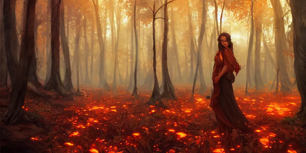 Prompt: A fire forest of trees with flaming leaves, landscape, highly detailed, digital painting, artstation, concept art, sharp focus, illustration, art by artgerm and greg rutkowski and alphonse mucha