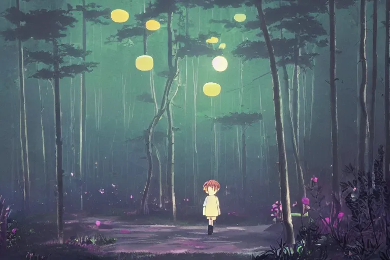 Image similar to Forest at night with floating lights, magical, by Studio Ghibli