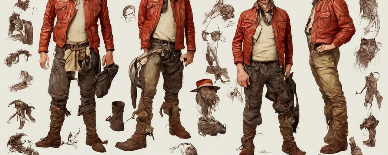 Image similar to character design, turnaround, complete character, 40's adventurer, unshaven, optimistic, stained dirty clothing, straw hat, riding boots, red t-shirt, dusty brown bomber leather jacket, detailed, concept art, photorealistic, hyperdetailed, 3d rendering , art by Leyendecker and frazetta,