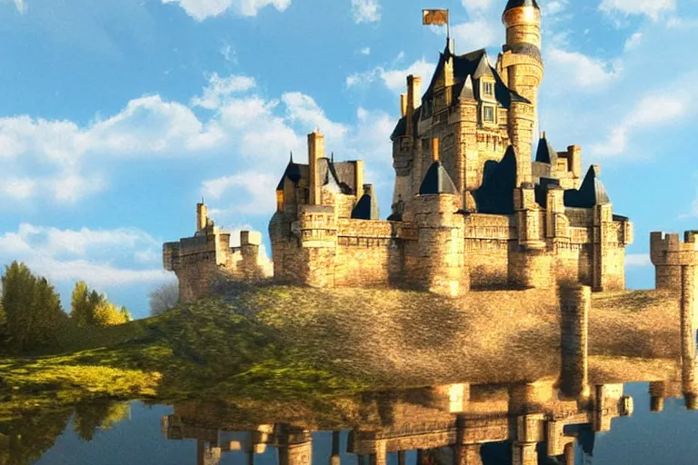 Prompt: castle, chrome, reflect, ultra realistic!!!, clear weather, golden hour, sharp focus