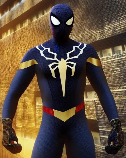 Image similar to photorealistic, hyperdetailed photograph of black spider - man suit with gold webbing by insomniac games