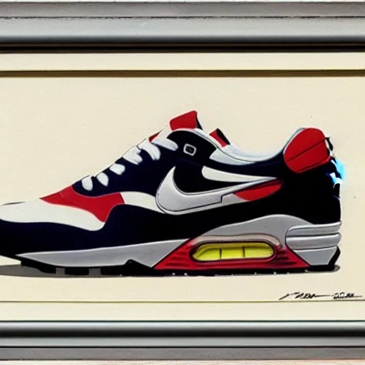 Prompt: retro futuristic Nike Air Max sneakers by syd mead