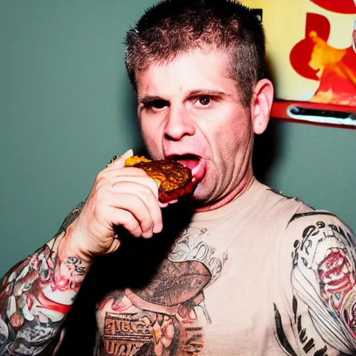 Image similar to high resolution photograph of John Joseph, the singer of the Cromags eating a cheeseburger