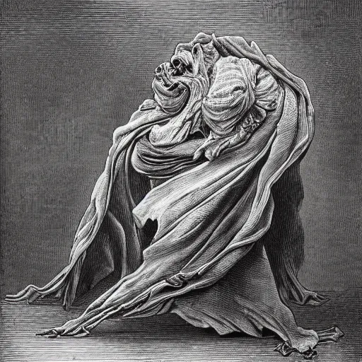 Prompt: full body grayscale drawing by Gustave Dore of Kermit the Frog, swirling flames