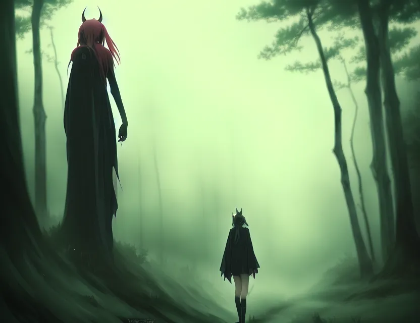 Image similar to a demonic figure coming out of the woods. lots of fog, by nashimanga, anime illustration, anime key visual, beautiful anime - style digital painting by wlop, amazing wallpaper