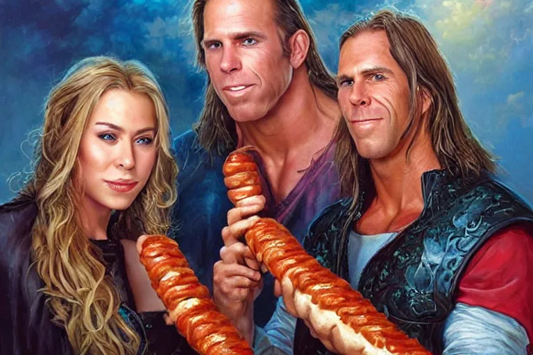 Image similar to portrait of wwf shawn michaels and queen elizabth sharing hotdogs, an oil painting by ross tran and thomas kincade