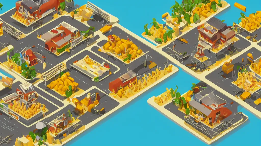 Prompt: mac and cheese humble isometric tuna village / city setting