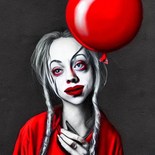 Image similar to surrealism grunge cartoon portrait sketch of billie eilish with a wide smile and a red balloon by - michael karcz, loony toons theme, pennywise theme, horror theme, detailed, elegant, intricate