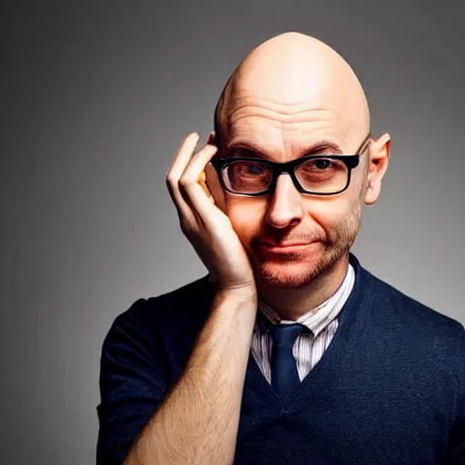 Prompt: photo of bald man with big ears and glasses ticking boxes, dramatic light