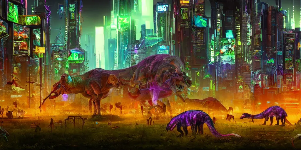 Prompt: a beautiful painting of a lush cyberpunk city with dinosaurs grazing in parks by ridley scott, vivid colours, cinematic lighting, fine details, 8 k | | digital artwork made by greg rutswork, anna dittmann and lois van barlee, symmetrical neon rim light, anatomically correct