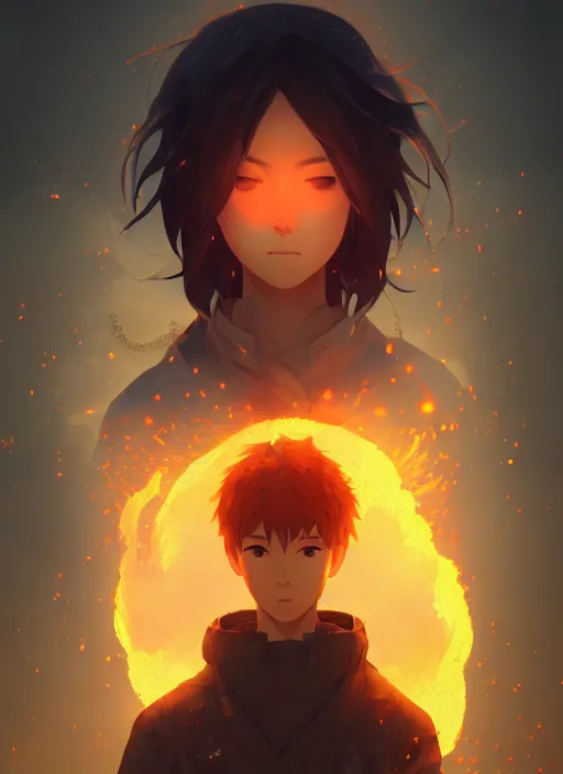 Image similar to a portrait of fire - kun, intricate, tone mapped, ambient lighting, highly detailed, digital painting, artstation, concept art, 4 k, god rays, stunningly beautiful, glowing eyes, sharp focus, by makoto shinkai and akihiko yoshida and hidari and wlop