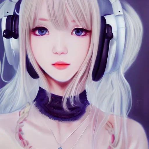 Image similar to realistic detailed semirealism beautiful gorgeous cute Blackpink Lalisa Manoban white hair white cat ears blue eyes, wearing black camisole maid outfit, headphones, black leather choker full HD 4K high resolution quality WLOP, Aztodio, Taejune Kim, Guweiz, Pixiv, Instagram, Artstation