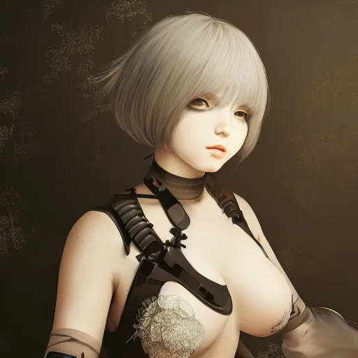 Prompt: 2B, android, nier automata, elaborate emotive Baroque and Rococo styles to emphasize beauty as a transcendental, 8k image, ultra-realistic, the style of WLOP