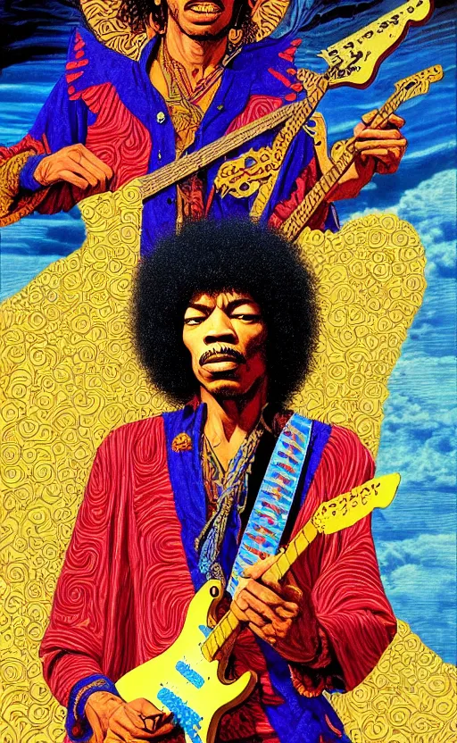 Image similar to an awesome jean giraud graphic art of jimi hendrix in the style of a renaissance masters portrait, mystical and new age symbolism and tibetan book of the dead imagery, intricately detailed, 4 k