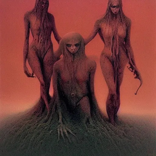 Image similar to witches by zdzislaw beksinski, color