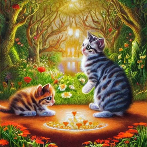 Image similar to two kittens in the enchanted forest watching the goldfish in the stream, fantasy, intricate, extremely detailed, matte, artstation, art by artgerm, louis wain