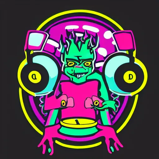 Image similar to svg sticker of a Pop-Wonder Alien-Bog-Monster-Swamp-Rat-Thunder-Coot-Racing-Fan at a rave, spinning records, giant headphones rocking out, wearing headphones, huge speakers, dancing, rave, DJ, spinning records, digital art, amazing composition, rule-of-thirds, award-winning, trending on artstation, featured on deviantart