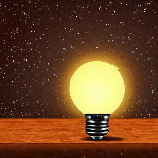 Prompt: a light bulb on top of a table with a full miniature universe inside it, digital art